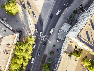 directly above view of the city traffic near the crosswalk