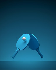 Two table tennis or ping pong rackets and ball tournament poster design with space. 3d illustration