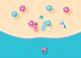 People swim and sunbathe. 