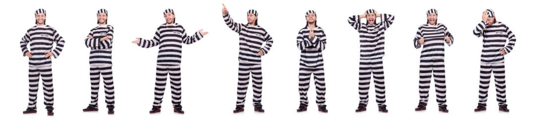 Convict criminal in striped uniform isolated on white