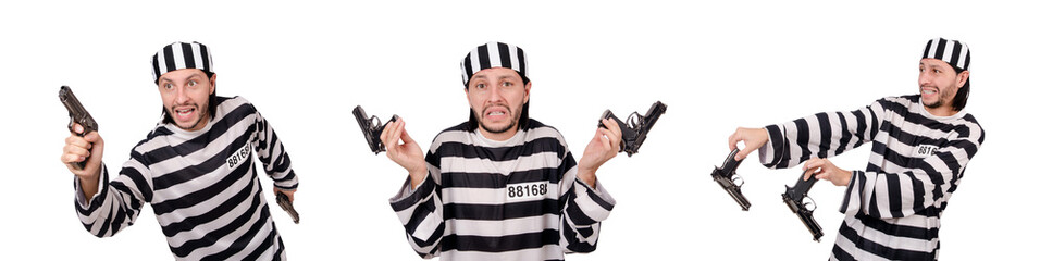 Prison inmate with gun isolated on white
