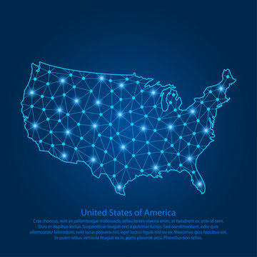 Abstract Map Of The USA Created From Lines, Bright Points And Polygons In The Form Of Starry Sky, Space And Planets. Map Of United States Of America With Stars, Universe And Connected Line. Vector.