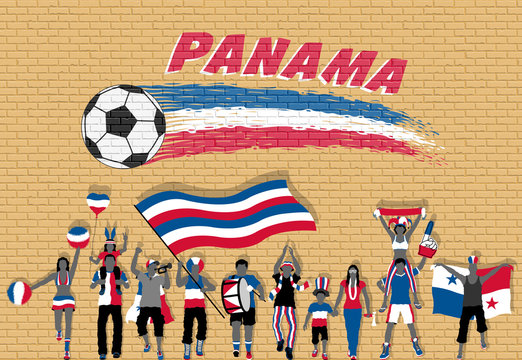 Panamanian football fans cheering with Panama flag colors in front of soccer ball graffiti