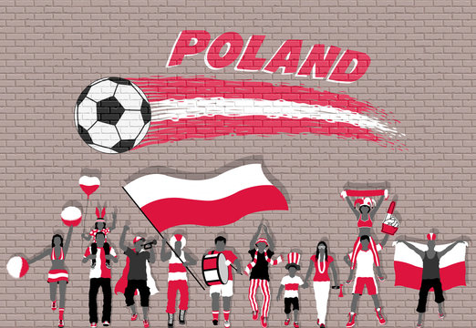 Polish football fans cheering with Poland flag colors in front of soccer ball graffiti