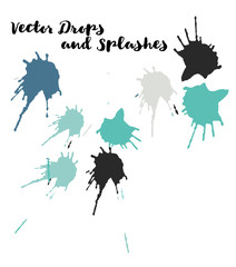 Blue Vector Splashes, Hand Painted Watercolor Bang. Indian Holi Color Festival, Paint Burst, Water Splash. Blue Holi Paint Burst, Vector Craft Logo Element. Uneven Texture Graffiti Shapes, Buttons.