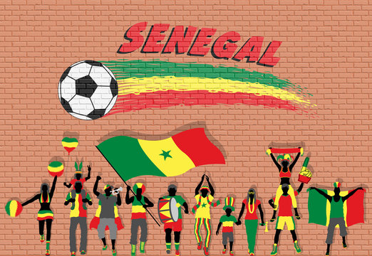 Senegalese football fans cheering with Senegal flag colors in front of soccer ball graffiti