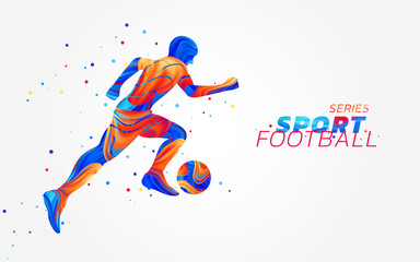 Vector football player with colorful spots isolated on white background. Liquid design with colored paintbrush. Soccer illustration with ball. Sports, athletics or competition theme. Winning concept