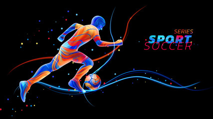 Vector 3d football player with neon light lines isolated on black background with colorful spots. Liquid design with colored paintbrush. Soccer illustration. Sports and athletics or competition theme © Sensvector