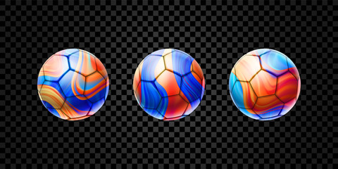 Vector set of abstract 3d balls for football isolated on transparent background. Liquid design with colored paintbrush texture. Equipment and accessories for the game. Sports and activity theme