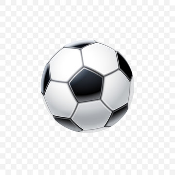 Vector 3d realistic football ball in black and white for soccer isolated on transparent background. Equipment and accessories for game. Sports and competition or entertainment theme