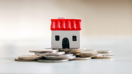 Coins and a miniature house of red roof.