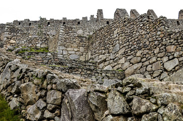 Stone built terracing and buildings at Machu Picchu, an ancient Inca archaeological site near...