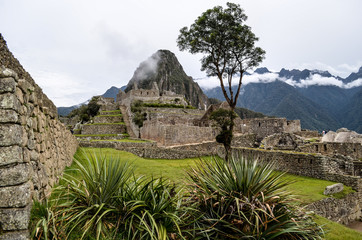 Stone built terracing and buildings at Machu Picchu, an ancient Inca archaeological site near...