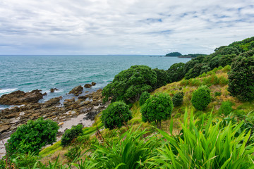 Tauranga, New Zealand - January 15, 2018: Rock formation in Mount Maunganui ovelooking Hakwes Bay