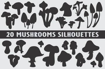 20 Mushrooms Silhouettes various design set