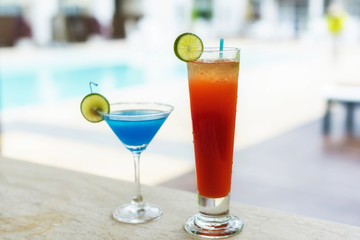 fresh summer cold fresh fruit drinks on luxury tropical beach resort.