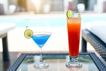 fresh summer cold fresh fruit drinks on luxury tropical beach resort.