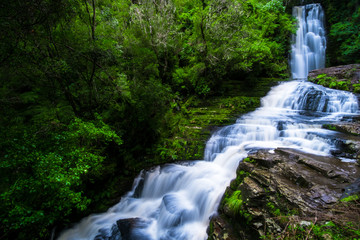 Long Exposure photography. Beautiful waterfall in the rainforest with green nature. Purakaunui Falls, The Catlins, New Zealand.