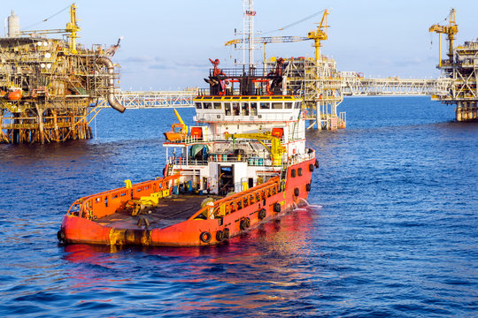 Anchor handling tug boat at oil field