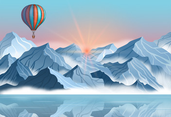 Mountain landscape with colorful hot air balloon in realistic 3d style. Banner with blue winter cliffs, fog, water