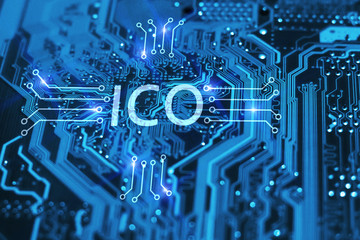 ICO. Initial coin offer concept of futuristic blue integrated circuit background. Blockchain and cryptocurrency concept.