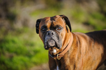 Fototapeta premium Boxer dog outdoor portrait headshot in natural environment