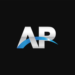Initial letter AP, overlapping movement swoosh logo, metal silver blue color on black background