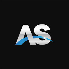 Initial letter AS, overlapping movement swoosh logo, metal silver blue color on black background