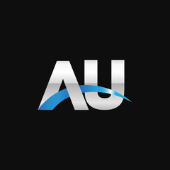 Initial letter AU, overlapping movement swoosh logo, metal silver blue color on black background