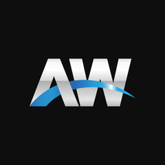 Initial letter AW, overlapping movement swoosh logo, metal silver blue color on black background