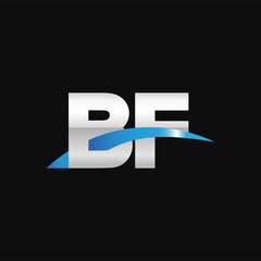 Initial letter BF, overlapping movement swoosh logo, metal silver blue color on black background