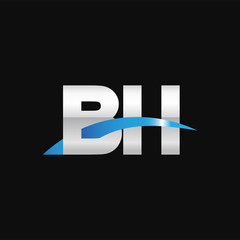 Initial letter BH, overlapping movement swoosh logo, metal silver blue color on black background