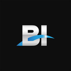 Initial letter BI, overlapping movement swoosh logo, metal silver blue color on black background