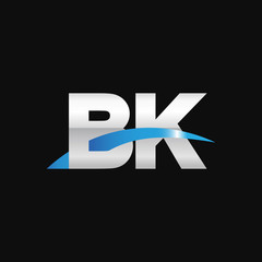 Initial letter BK, overlapping movement swoosh logo, metal silver blue color on black background