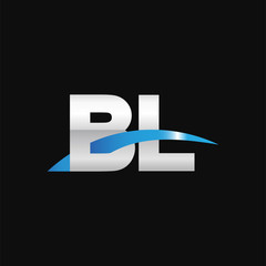 Initial letter BL, overlapping movement swoosh logo, metal silver blue color on black background