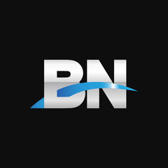 Initial letter BN, overlapping movement swoosh logo, metal silver blue color on black background