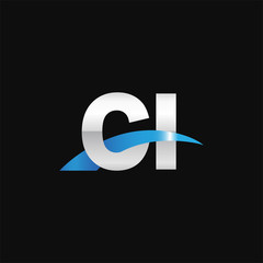 Initial letter CI, overlapping movement swoosh logo, metal silver blue color on black background
