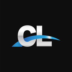 Initial letter CL, overlapping movement swoosh logo, metal silver blue color on black background