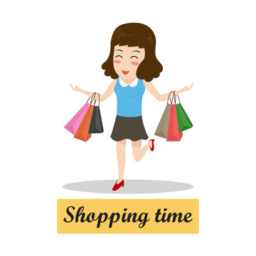 Happy cartoon woman walking with shopping bags - shopping time concept