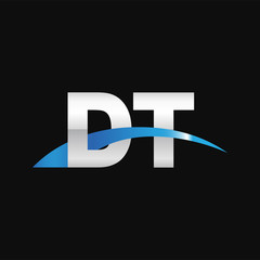 Initial letter DT, overlapping movement swoosh logo, metal silver blue color on black background