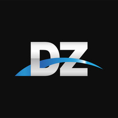 Initial letter DZ, overlapping movement swoosh logo, metal silver blue color on black background