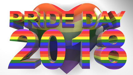 Gay Pride Day 2018 graphic title 3D render. The letters LGBTQIA refer to lesbian, gay, bisexual, transgender, queer or questioning, intersex, and asexual or allied.