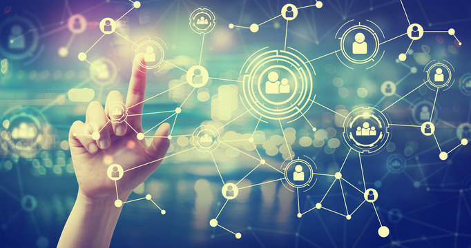 Social connections with hand pressing a button at night