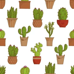 Poster Kaktus im Topf Buntes nahtloses Muster von Töpfen mit Kaktus. Vektor-Illustration.