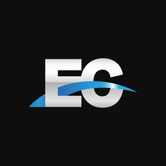 Initial letter EC, overlapping movement swoosh logo, metal silver blue color on black background
