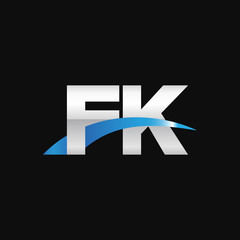 Initial letter FK, overlapping movement swoosh logo, metal silver blue color on black background