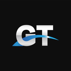 Initial letter GT, overlapping movement swoosh logo, metal silver blue color on black background