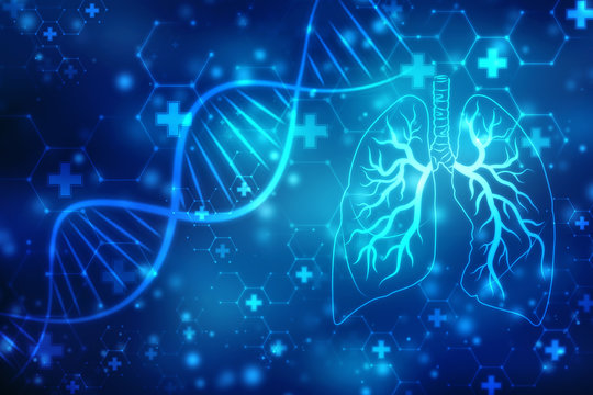 Human lungs and dna molecule on scientific background. 2d illustration