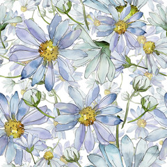 White daisy. Floral botanical flower. Seamless background pattern. Fabric wallpaper print texture.. Aquarelle wildflower for background, texture, wrapper pattern, frame or border.