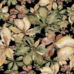 Autumn chestnut leaves. Leaf plant botanical garden floral foliage. Seamless background pattern. Aquarelle leaf for background, texture, wrapper pattern, frame or border.